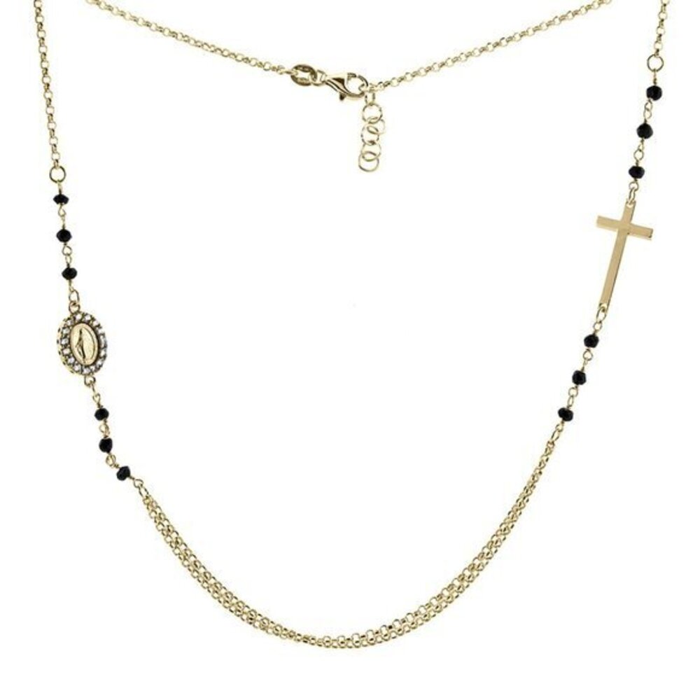 Sterling Silver Miraculous Medal & Cross Necklace Faceted Black Spinel